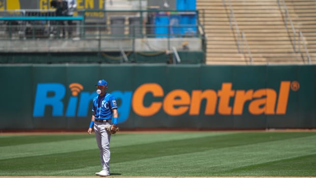 Jun 13, 2021; Oakland, California, USA; Kansas City Royals second baseman Nicky Lopez (8) during the first inning against the Oakland Athletics at RingCentral Coliseum. Mandatory Credit: Stan Szeto-USA TODAY Sports